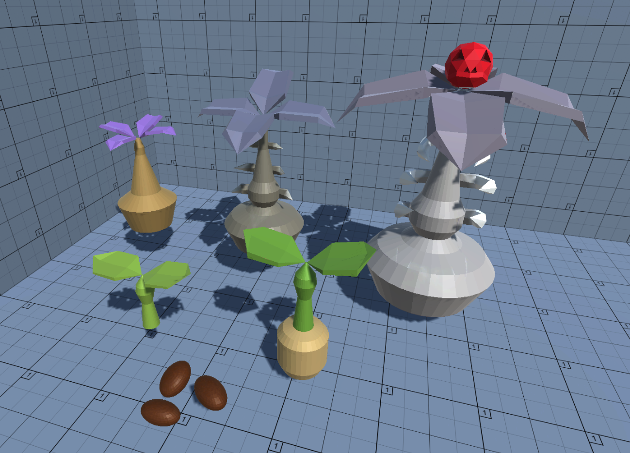 A set of six low-poly 3D plant models in a grid environment; 1. a few brown seeds; 2. a small green sprout with two leaves; 3. a root-like veggie with a bigger green sprout; 4. a small, healthy-looking sapling with four purple leaves; 5. a bigger, slightly discolored sapling with bigger leaves and small ribcage-like branches; 6. a small, dead-looking tree, with bigger ribcage branches and a red skull-like fruit sprouting at the top.